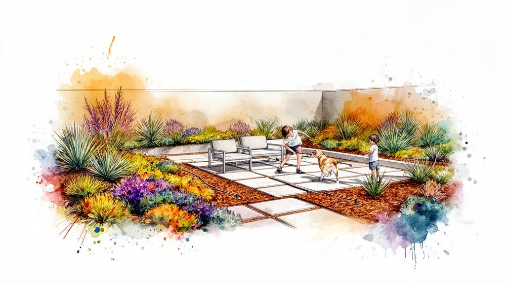 Vibrant watercolor illustration of a modern drought-tolerant backyard with a patio, colorful plants, and kids playing with a dog.