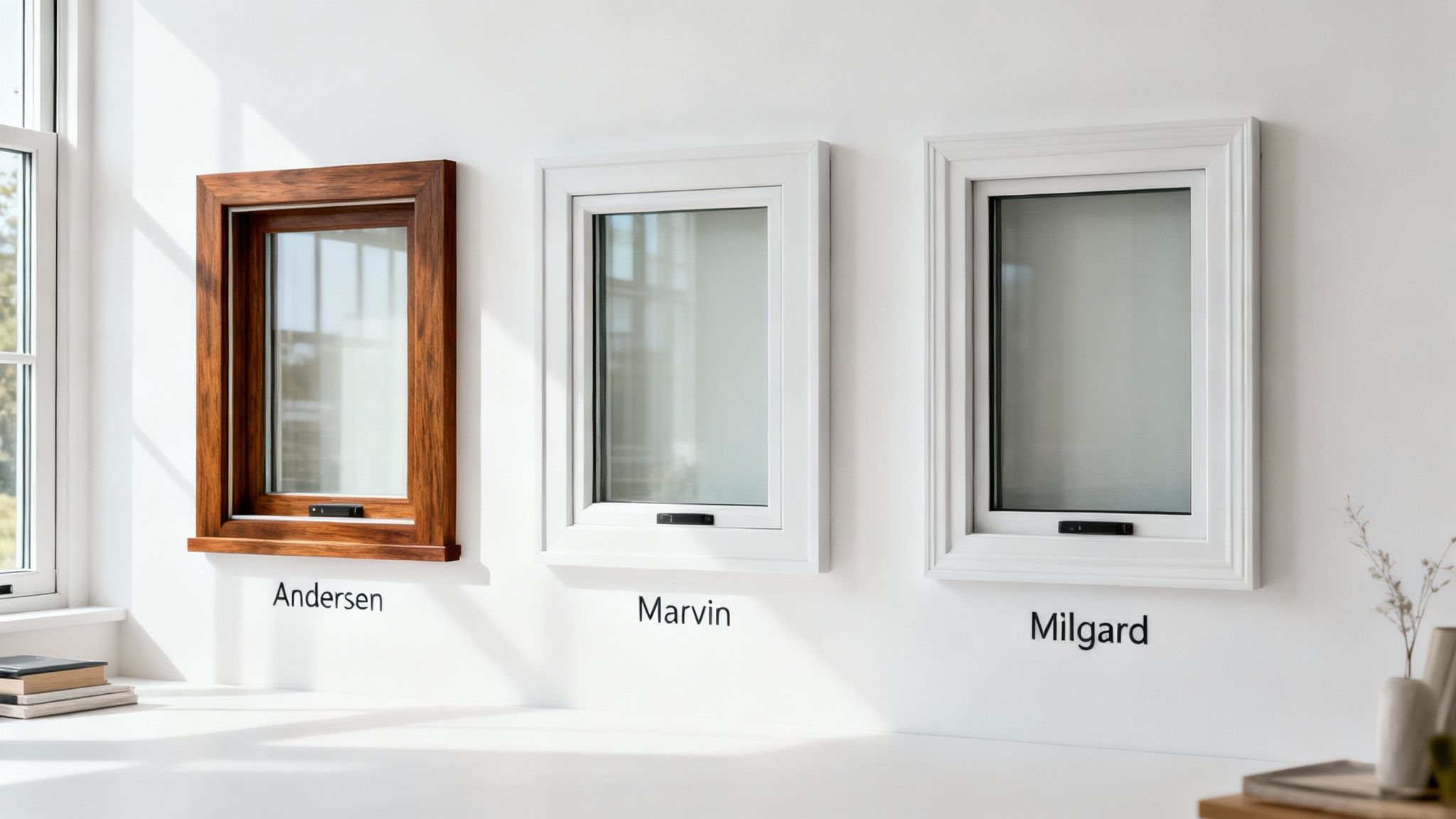 Three distinct window brands: Andersen (wood), Marvin (white), and Milgard (decorative white) displayed on a wall.