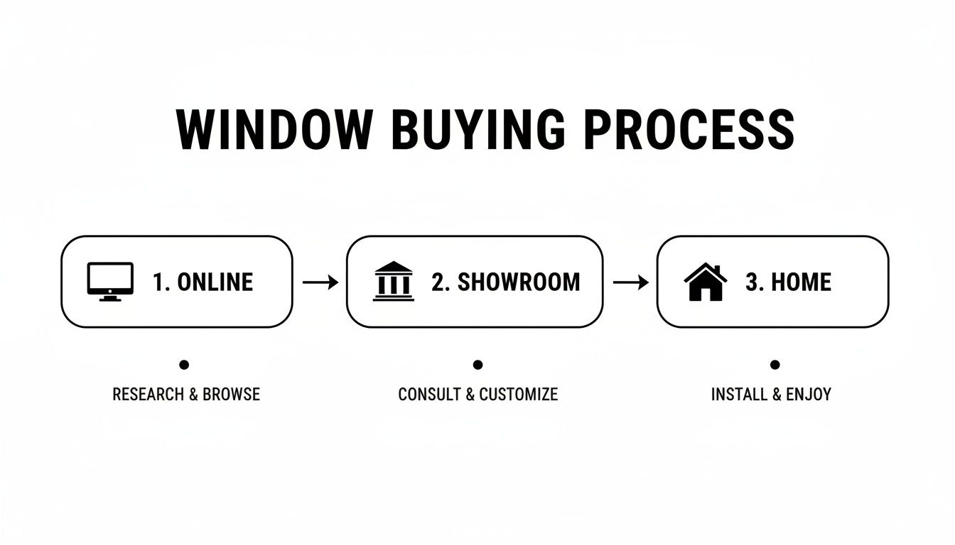 A three-step window buying process flow: online research, showroom consultation, and home installation.