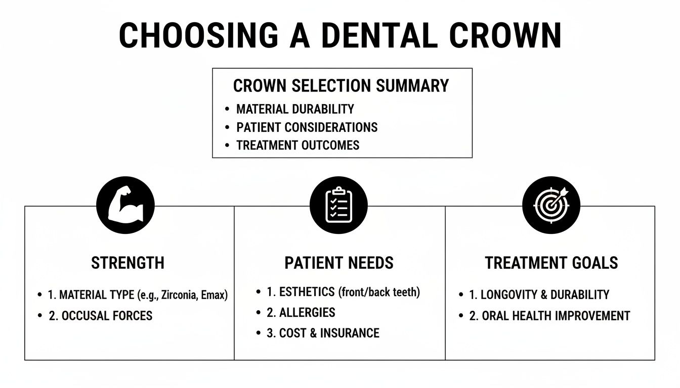 Diagram outlining key factors for choosing a dental crown, including strength, patient needs, and treatment goals.