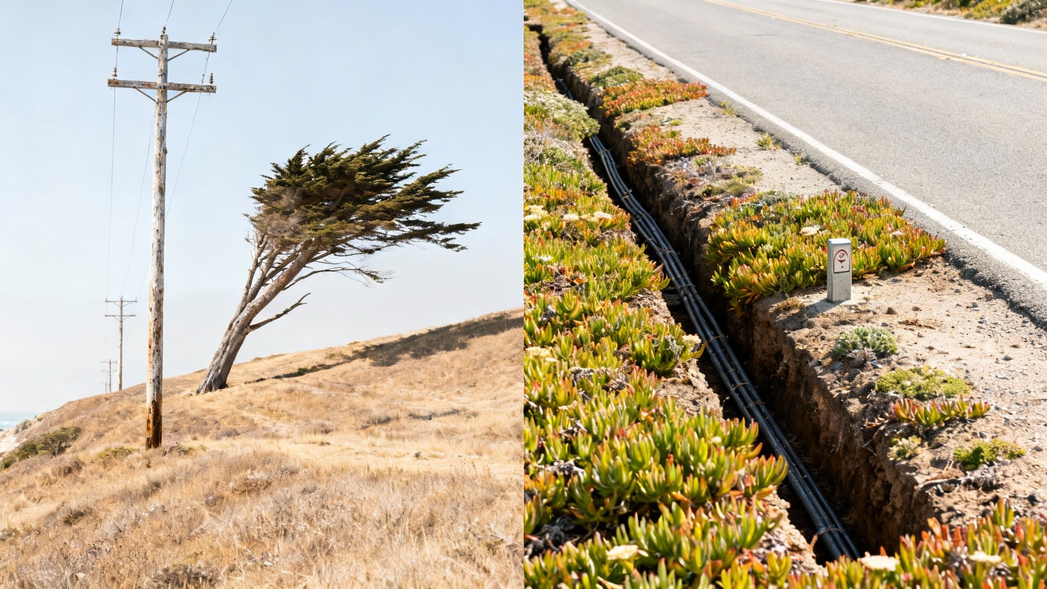 Why California Is Burying More Utility Lines A Wildfire Prevention Trend 1 A split image showing old overhead utility lines with a wind-swept tree and a modern underground cable trench next to a road.