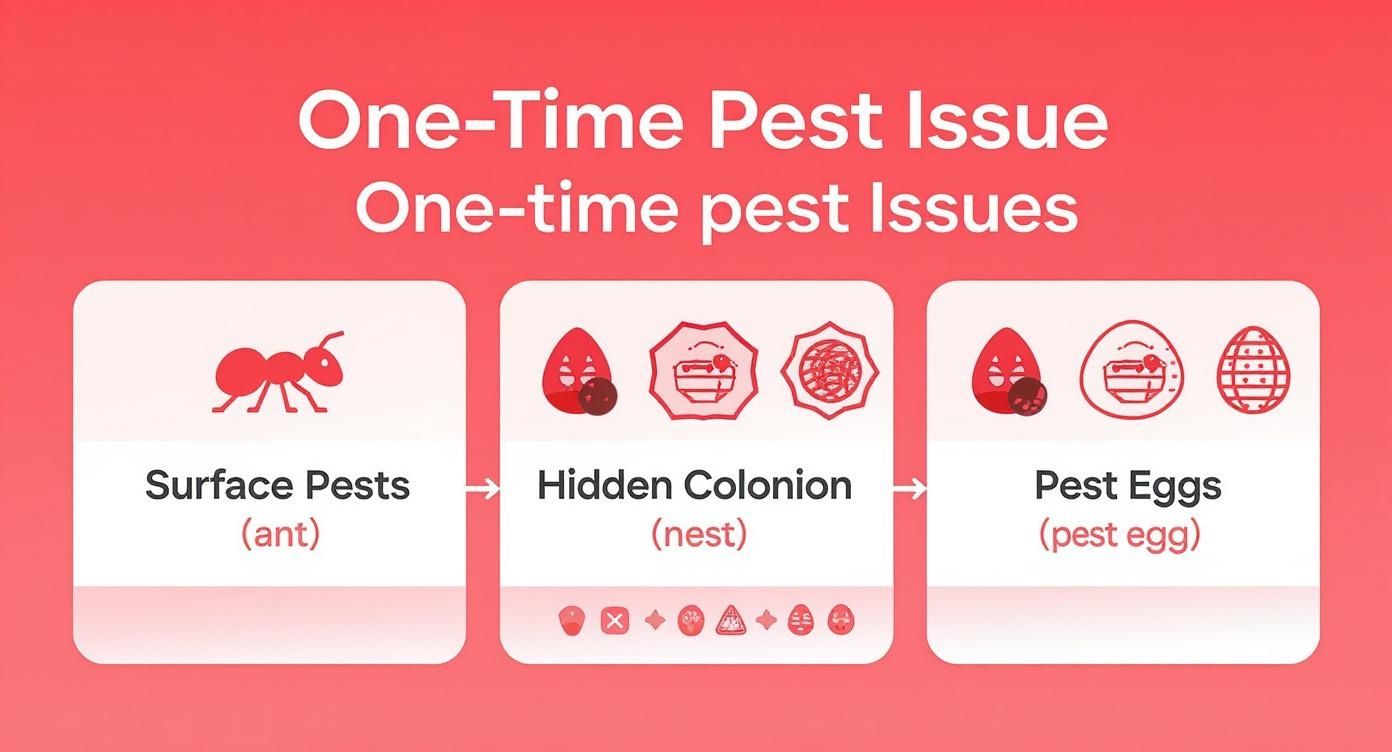 Infographic showing that one-time pest treatments address surface pests but miss hidden colonies and pest eggs.