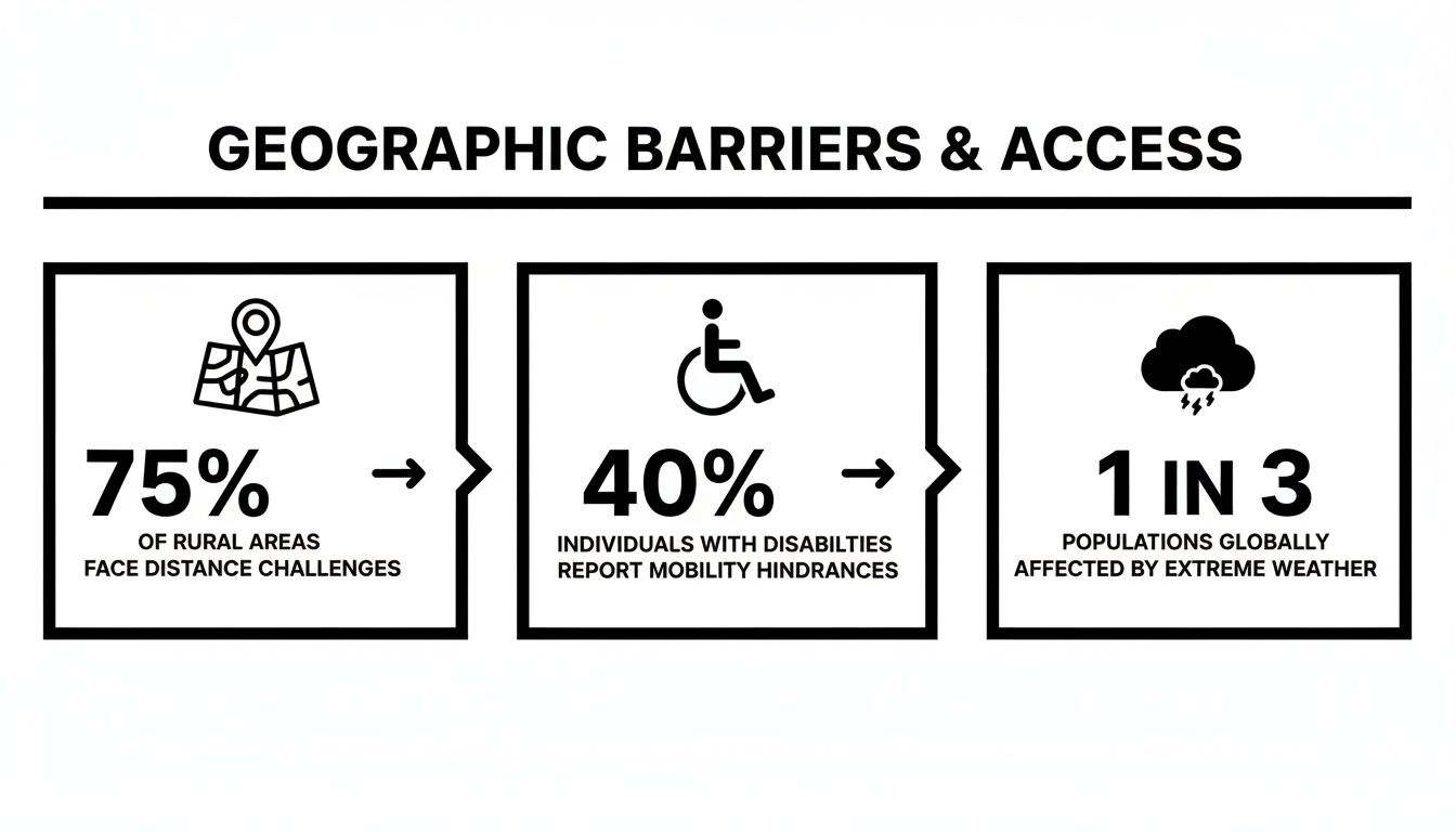 Infographic showing geographic barriers: 75% rural distance challenges, 40% disability mobility hindrances, 1 in 3 globally affected by extreme weather.