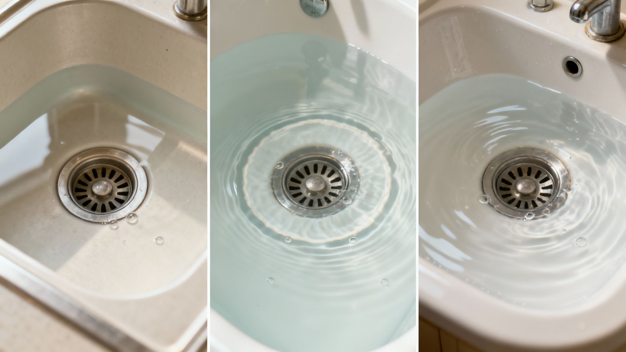 Three sinks with slowly draining water, an early sign that a sewer line inspection is needed.