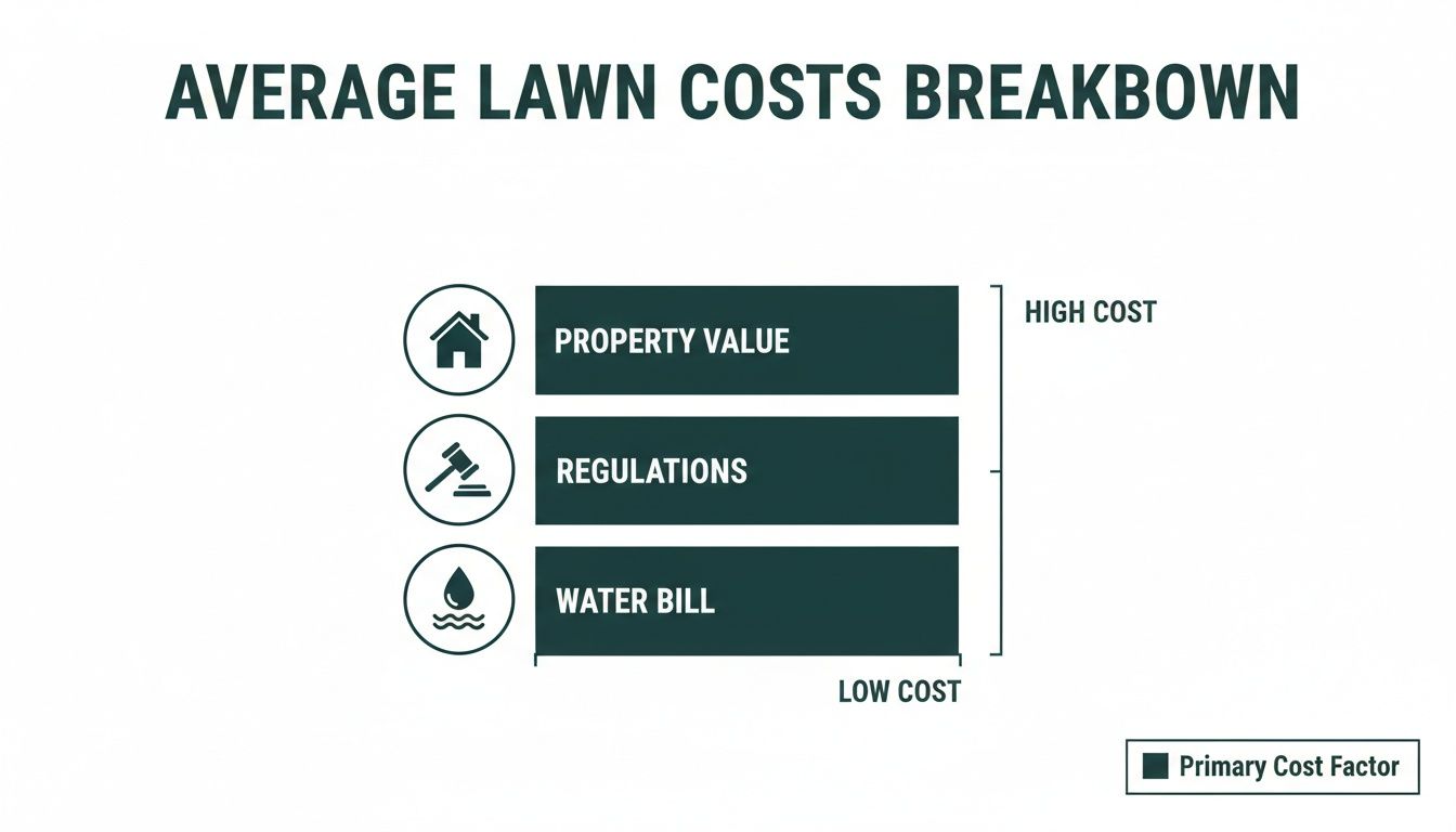 Infographic breaking down average lawn costs, highlighting property value, regulations, and water bill as primary factors.