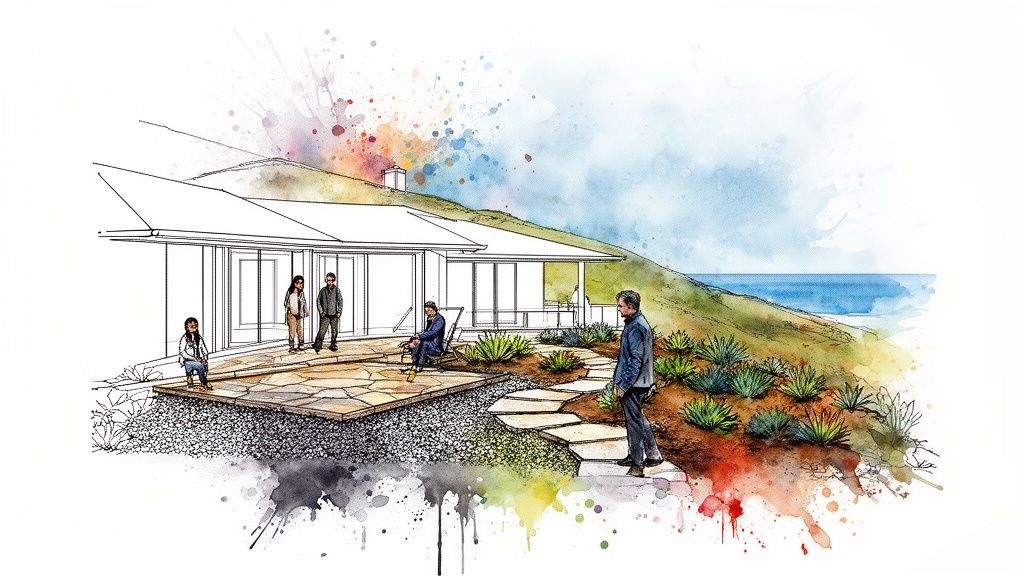 A watercolor sketch of a modern house with a flagstone patio, people, and ocean view.