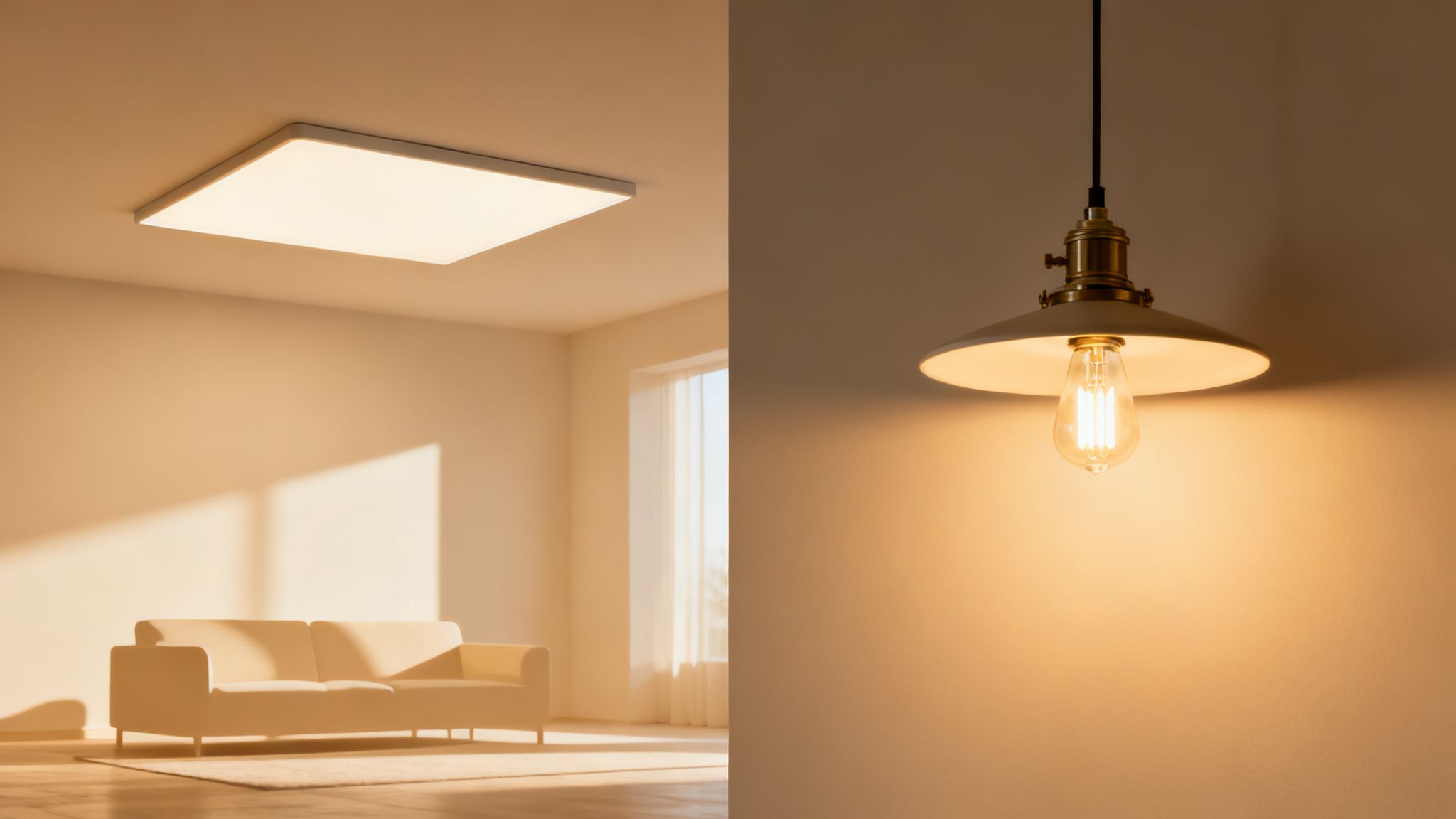 A split image contrasting a modern integrated LED panel with a traditional Edison light bulb.