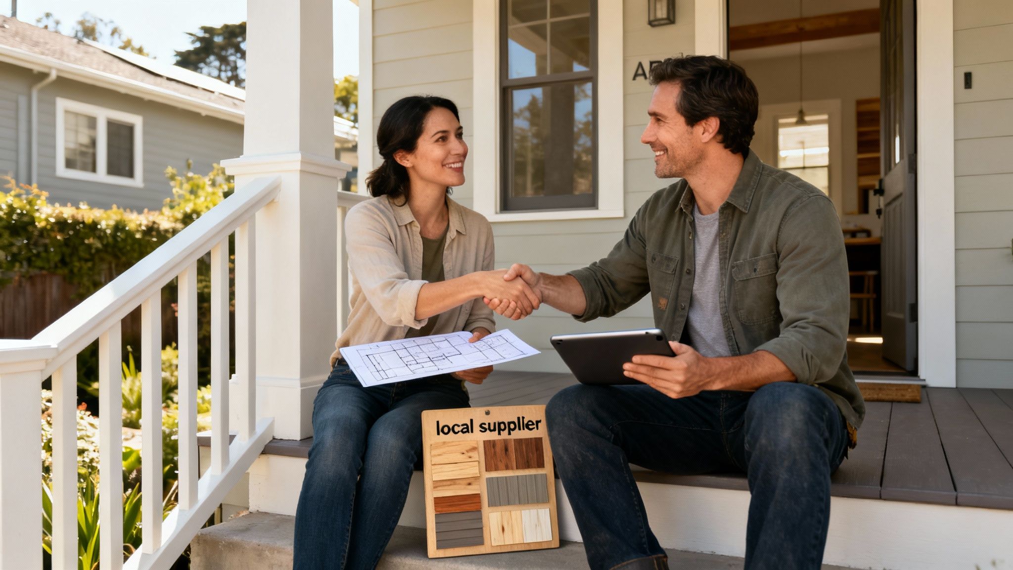 Man and woman shaking hands on a porch, discussing home renovation plans with wood samples.