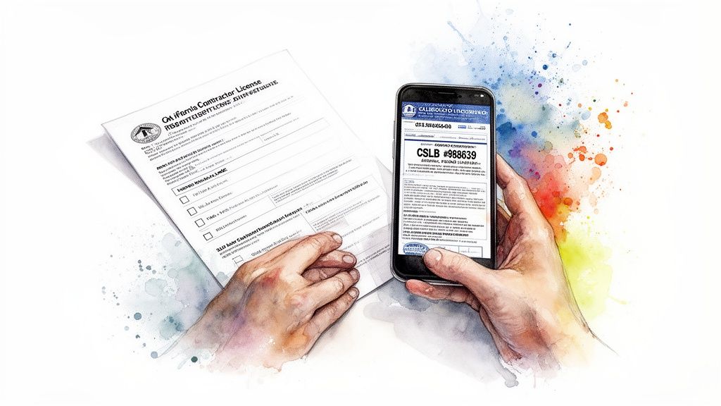 Hands checking a California contractor license on paper and verifying details on a smartphone.