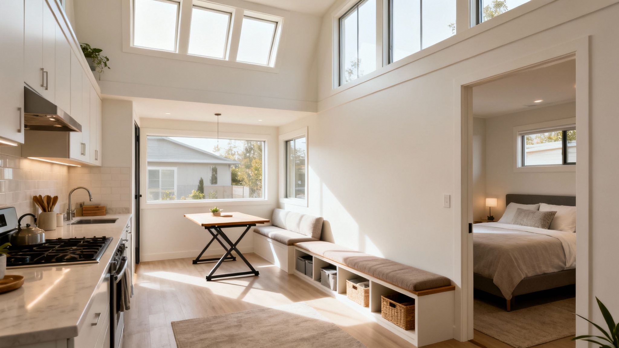 Bright, modern open-plan living space featuring a kitchen, dining nook, and adjacent bedroom.