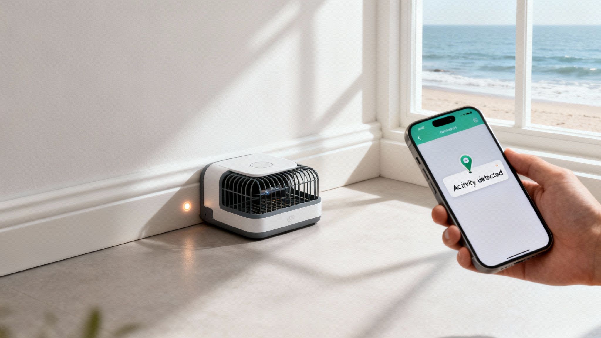 A modern pest control device on the floor with a smartphone displaying 'Activity detected' next to a window overlooking a beach.