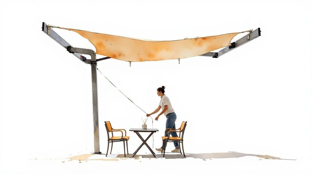 A woman adjusts a large, orange shade sail over a table and two chairs.