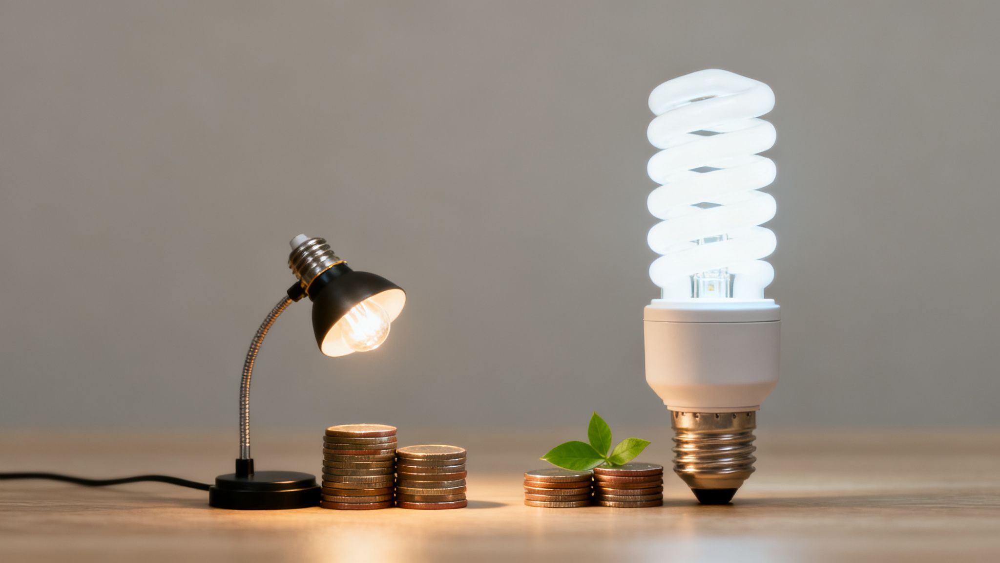 A traditional lamp and an energy-efficient CFL bulb with stacks of coins and a small plant, symbolizing energy savings.
