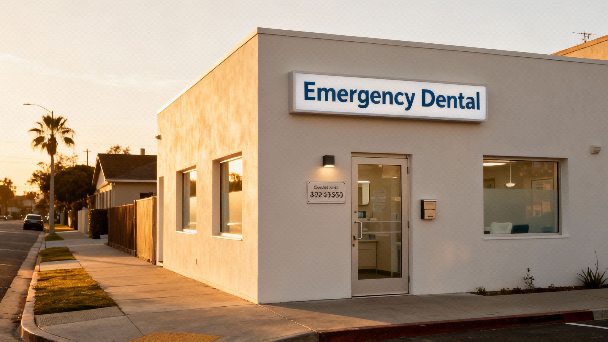 An emergency dental office building at sunset, with a sign showing 'Emergency Dental'. A street, sidewalk, and palm trees are visible.
