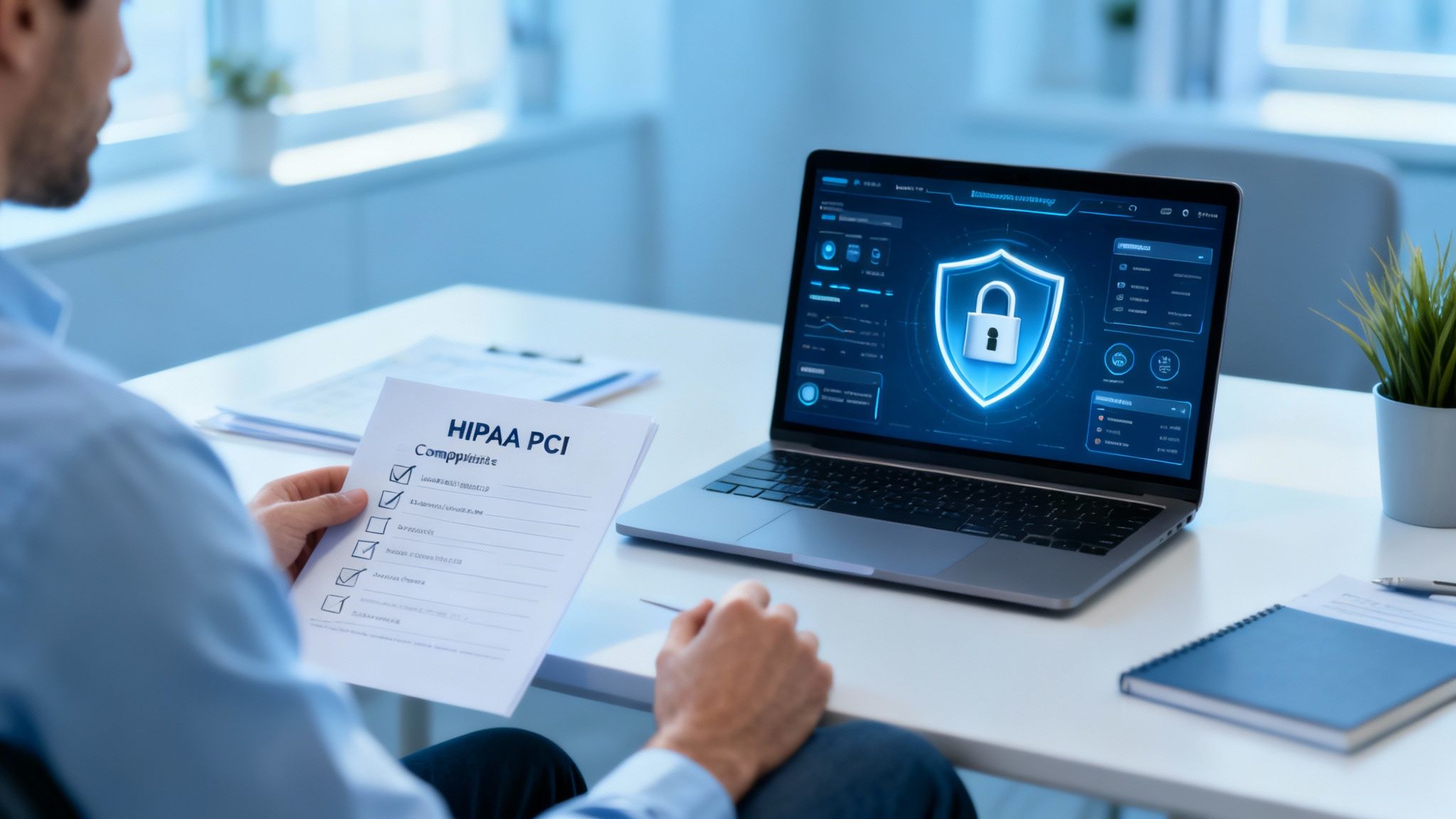A person reviews a HIPAA PCI compliance checklist while a laptop displays a cybersecurity shield and padlock icon.