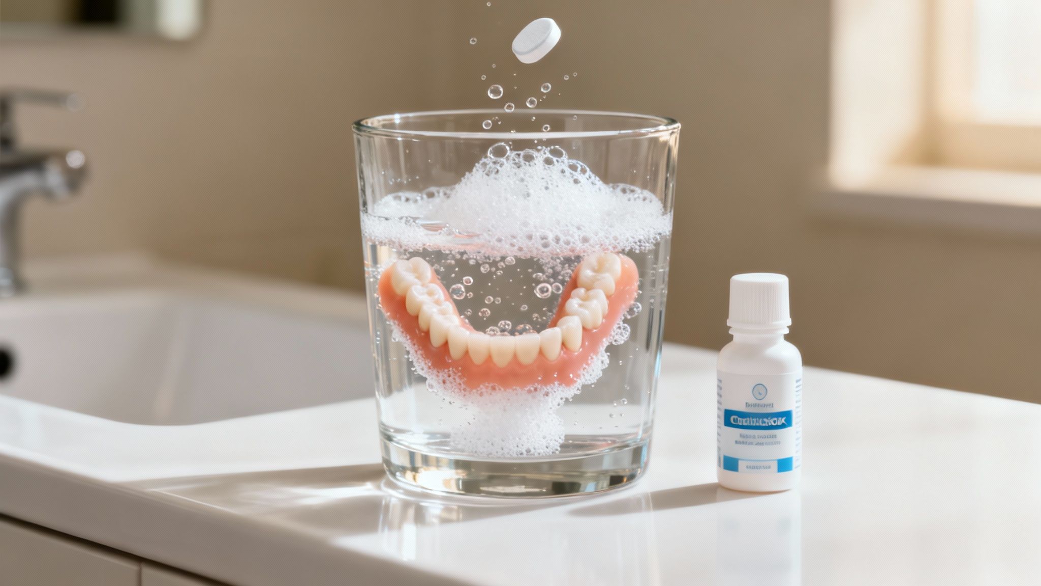 A denture cleaning tablet dissolves in a glass of water with dentures on a bathroom counter.