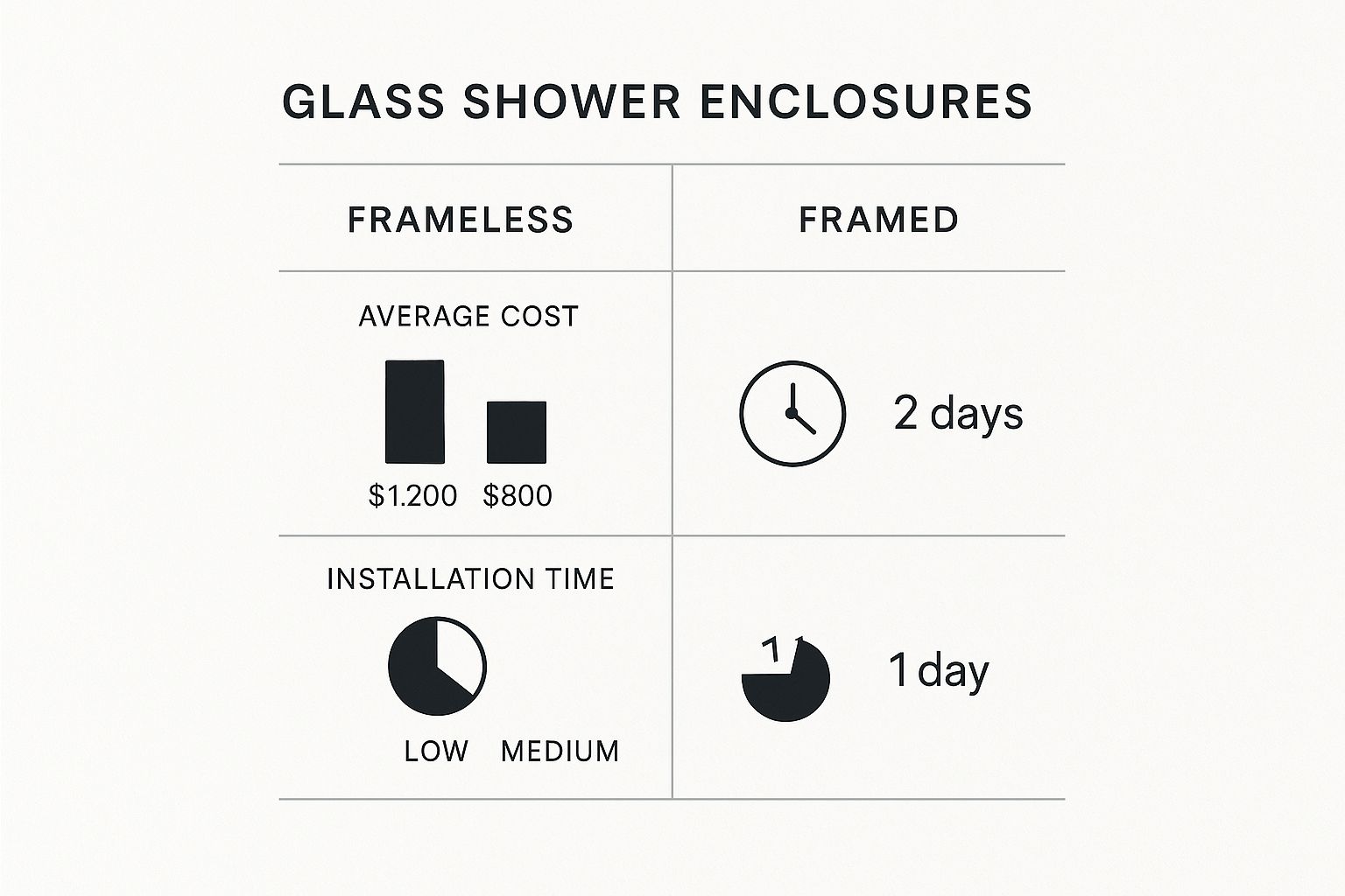 An infographic comparing frameless and framed glass shower enclosures across three metrics: average cost, installation time, and maintenance level.