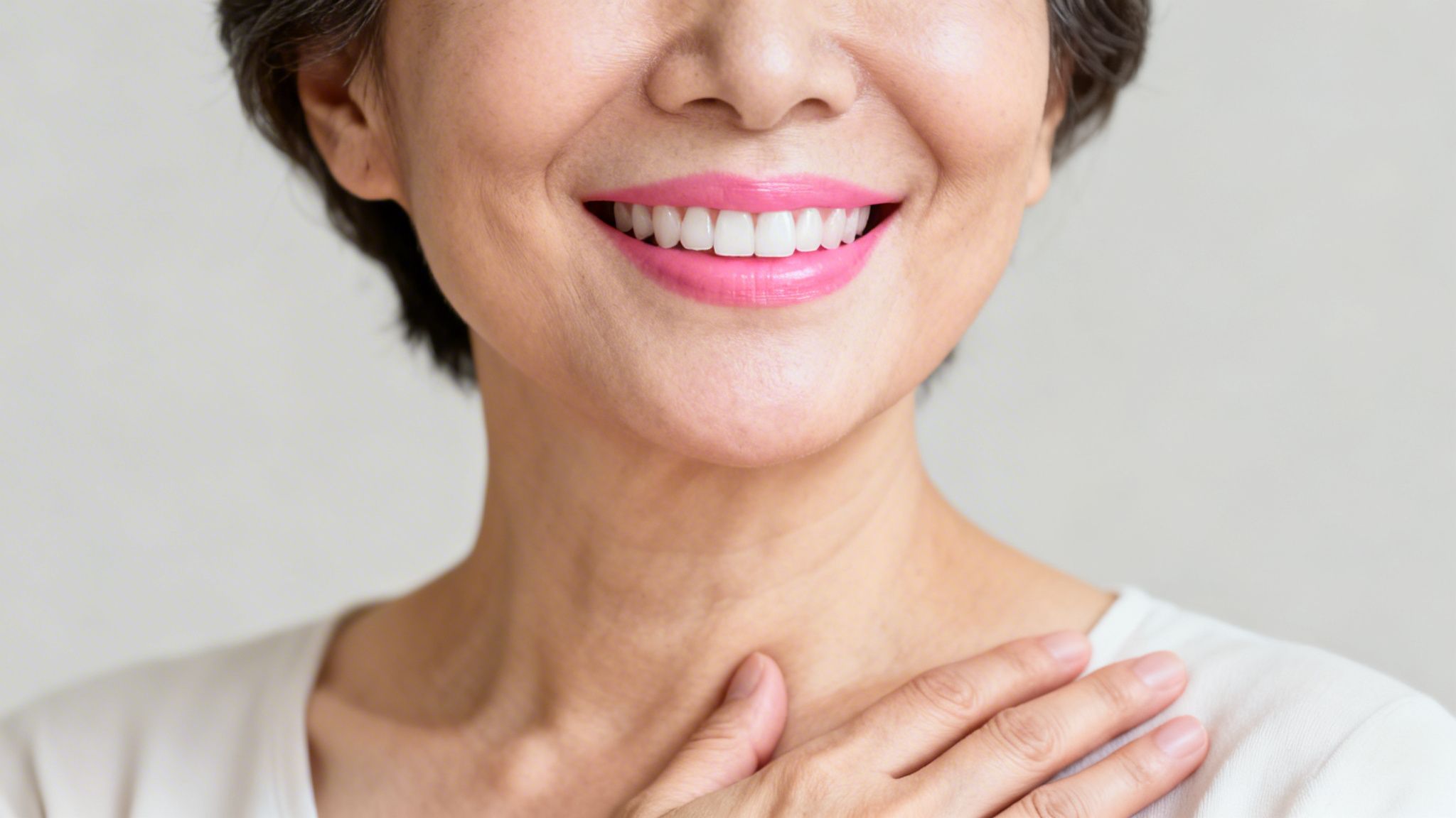 A senior woman with a bright, healthy smile and pink lips, highlighting good dental health.
