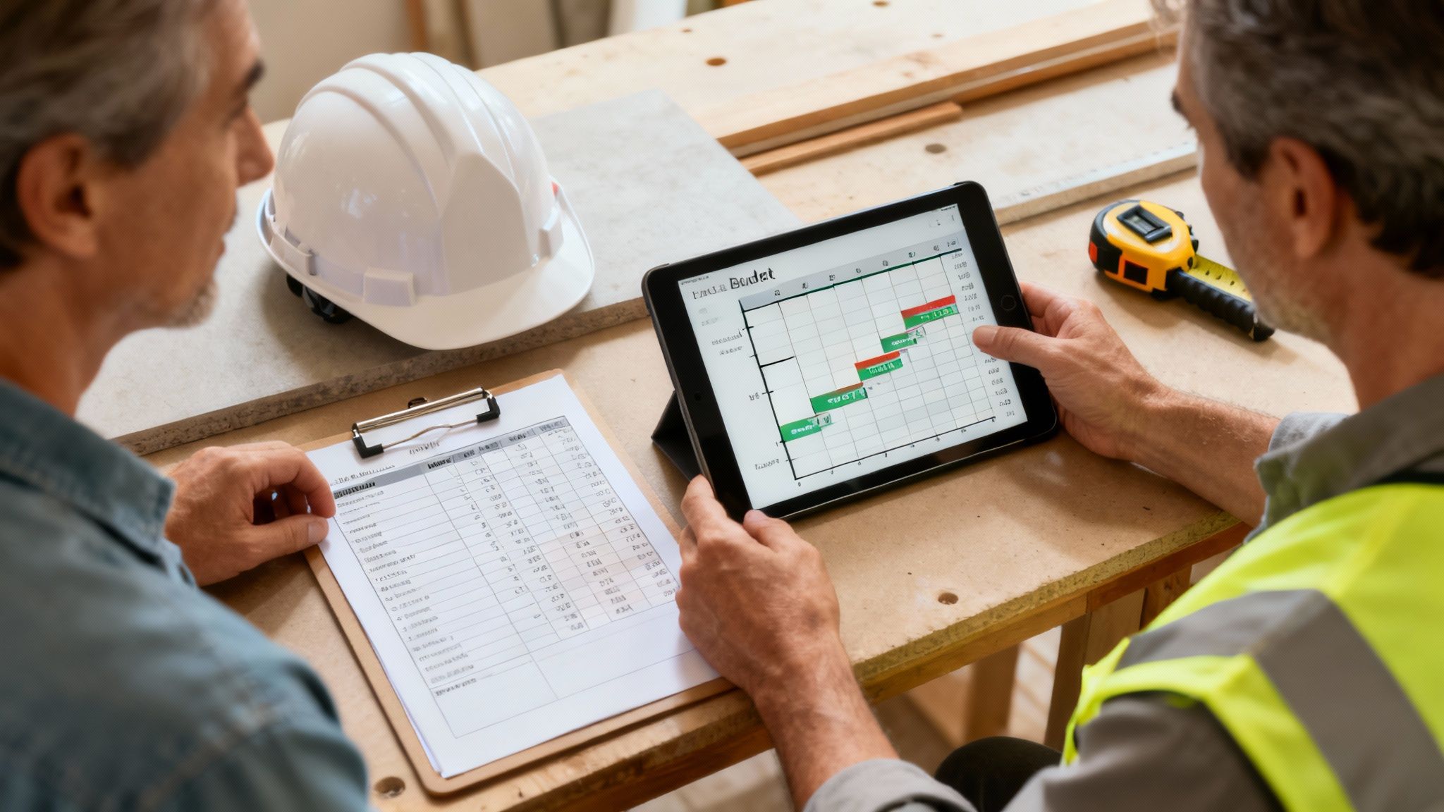 A person reviewing remodeling plans with a contractor on a construction site.