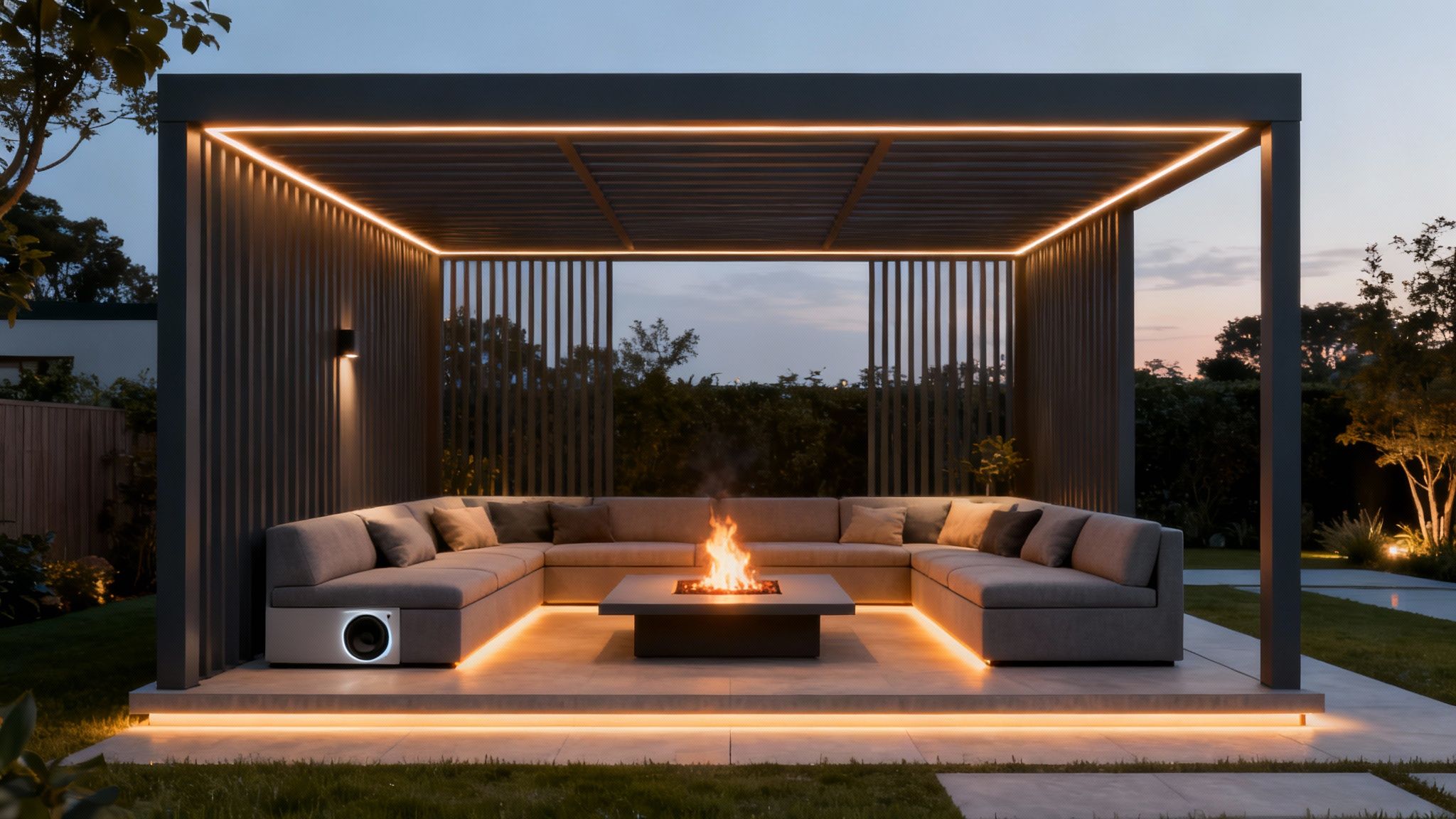 Modern outdoor pergola with ambient lighting, sectional sofa, and fire pit at dusk