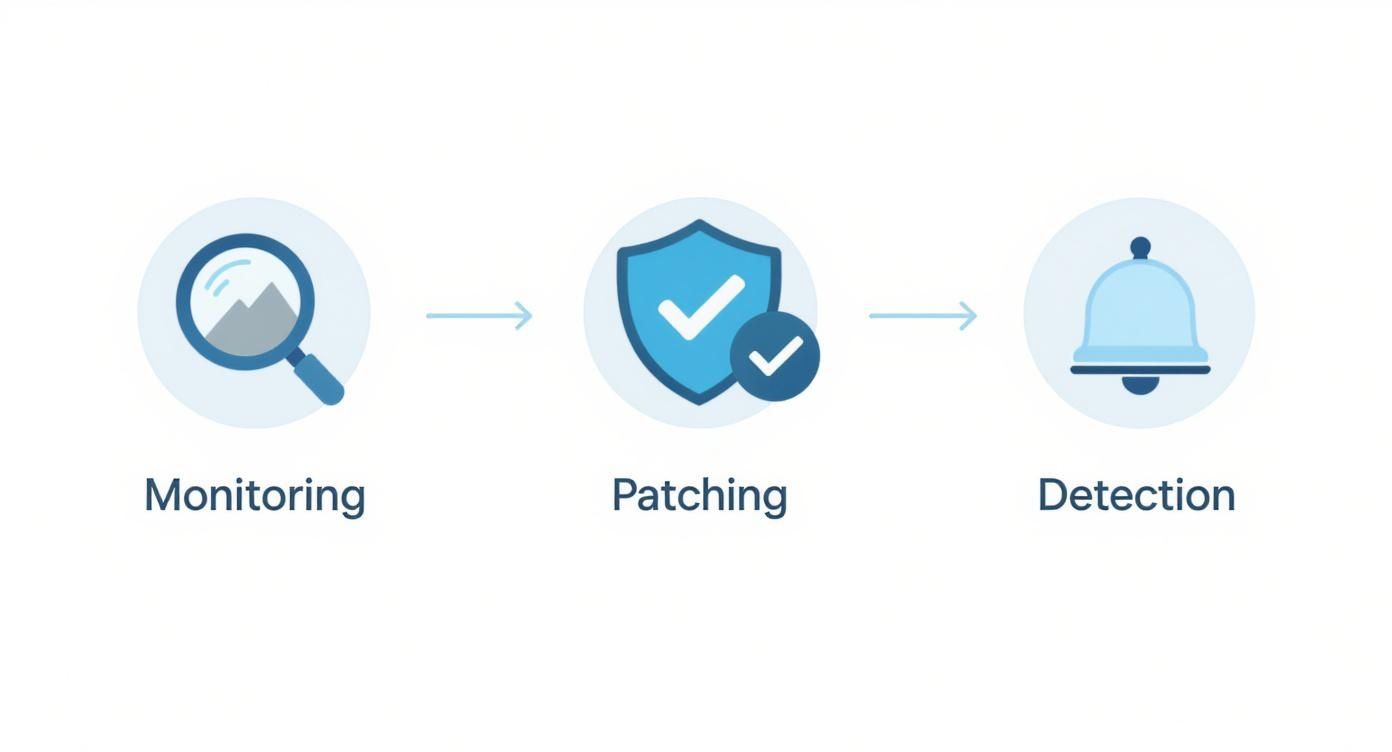 A diagram illustrating three cybersecurity steps: Monitoring, Patching, and Detection, connected by arrows.