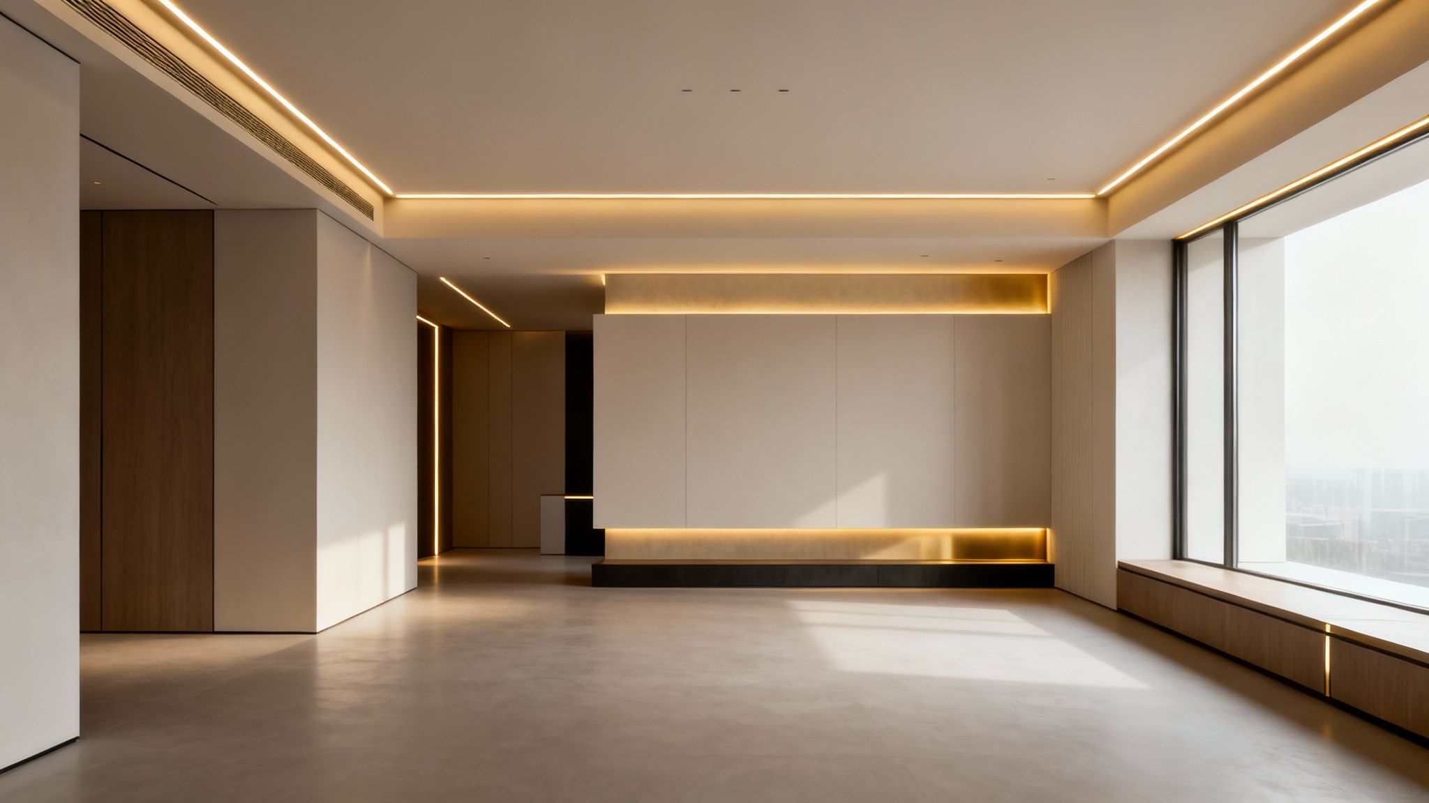 Modern minimalist room with warm LED strip lighting, large window, and light wooden accents.