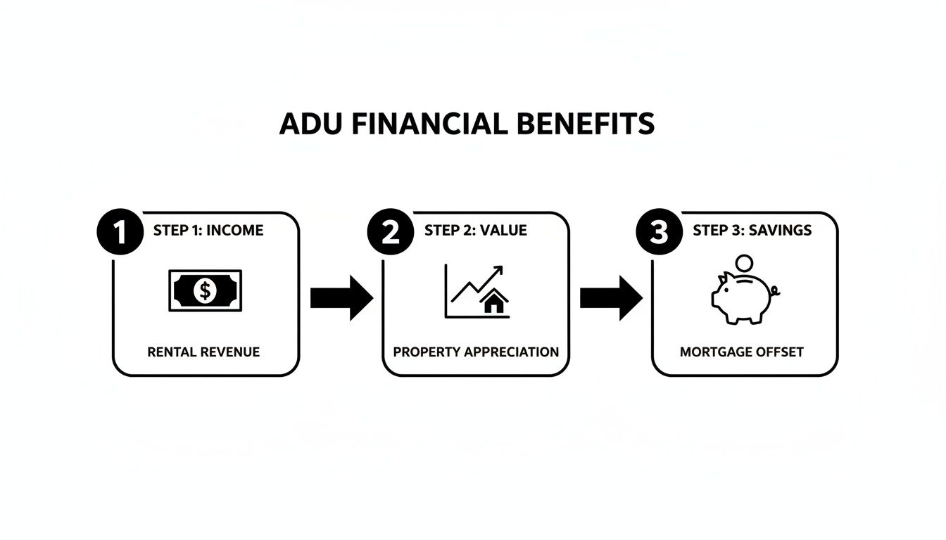 Flowchart detailing ADU financial benefits, including rental income, property appreciation, and mortgage offset.
