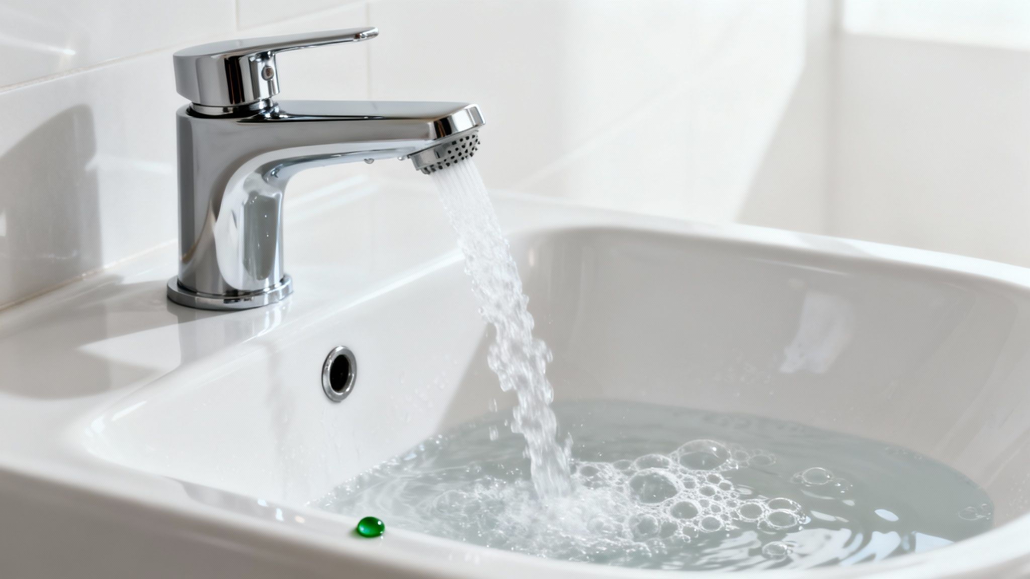 Water flows from a chrome faucet into a white ceramic sink with bubbles and a small green bead.