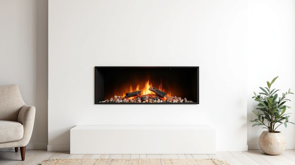 A modern living room features a built-in electric fireplace with glowing logs and rocks, creating a cozy ambiance.