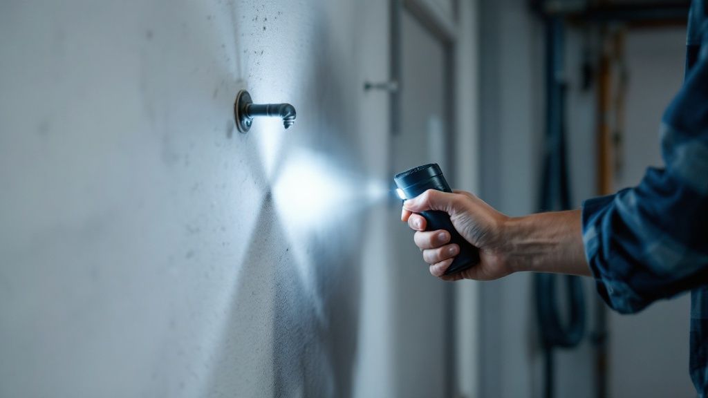 A plumber's hand wearing a work glove turns a red gate valve on a pipe.