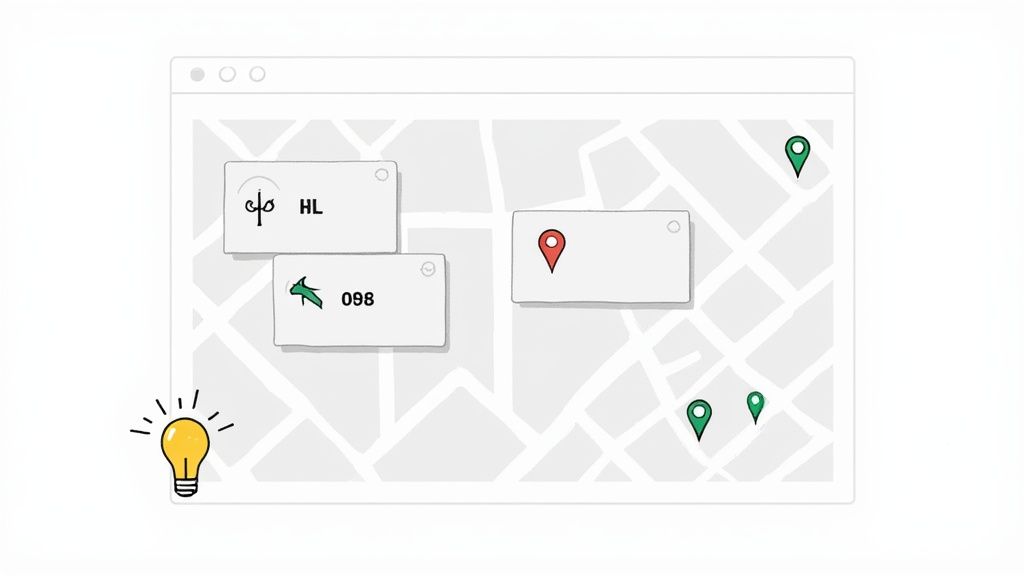 Illustration of a map application showing various location pins, information cards, and a bright idea lightbulb.