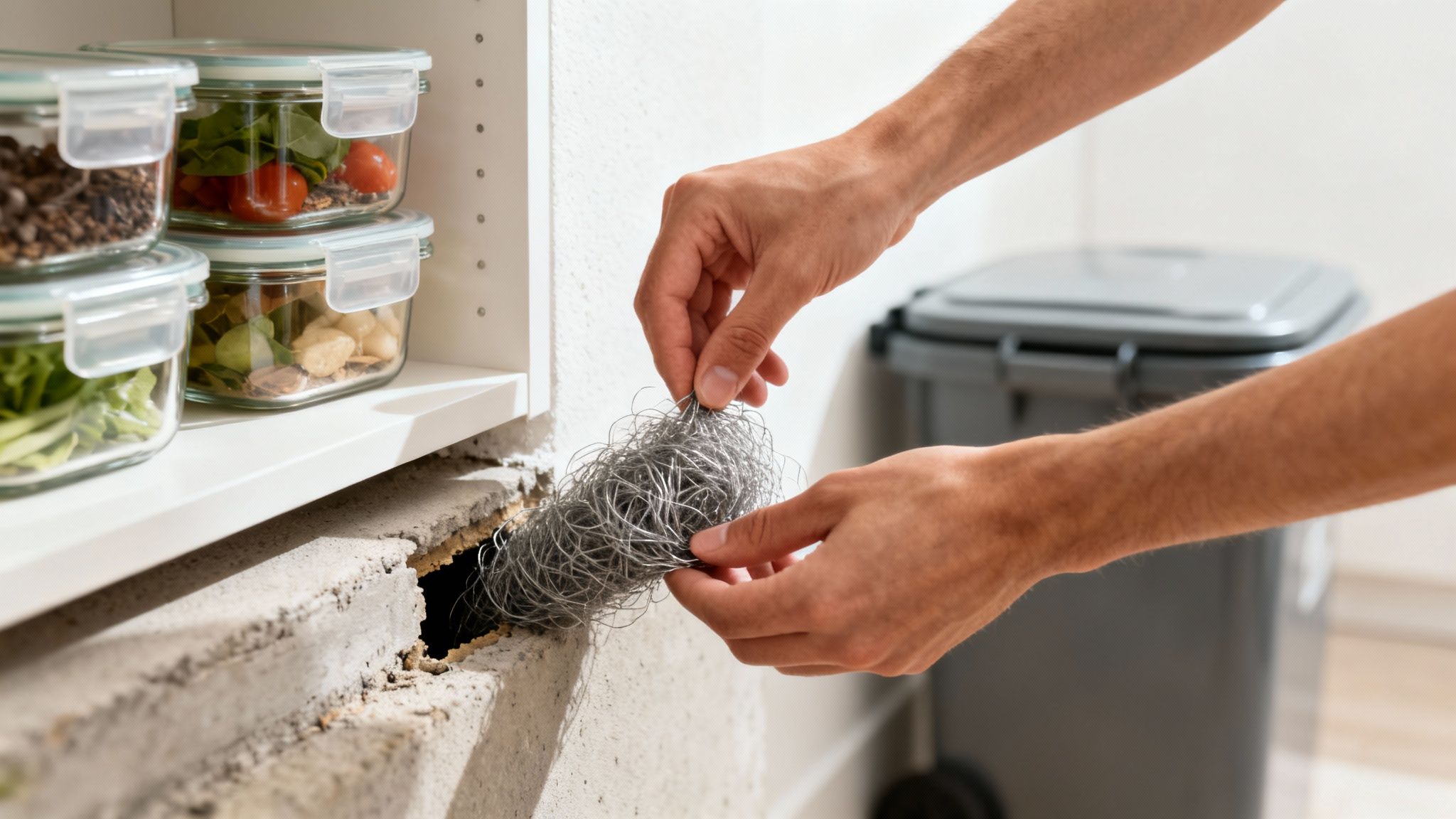 Hands inserting steel wool into a concrete wall hole next to kitchen shelves with food containers.