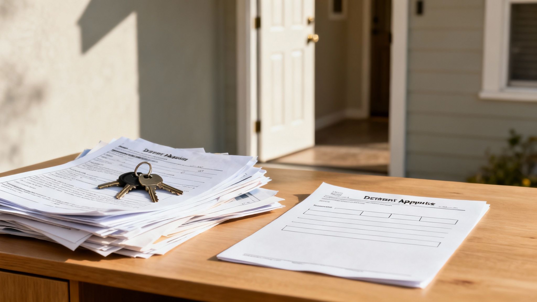 Real estate documents and house keys on a wooden table, with an open house door.