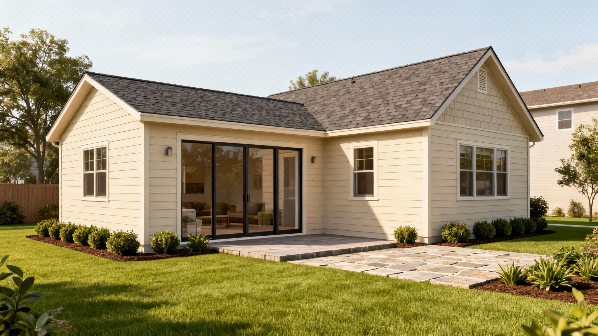 Modern cream house exterior with large glass sliding doors, stone patio, and green lawn.