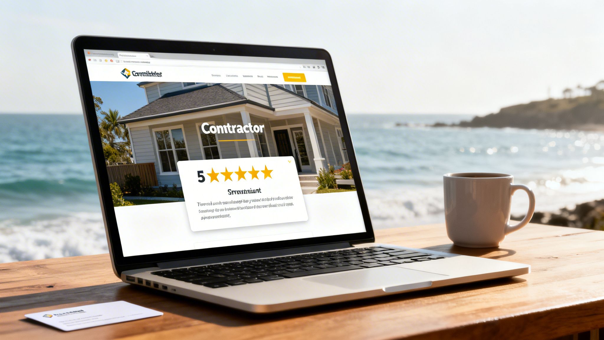 Laptop on a wooden table at the beach displaying a contractor's 5-star online review.