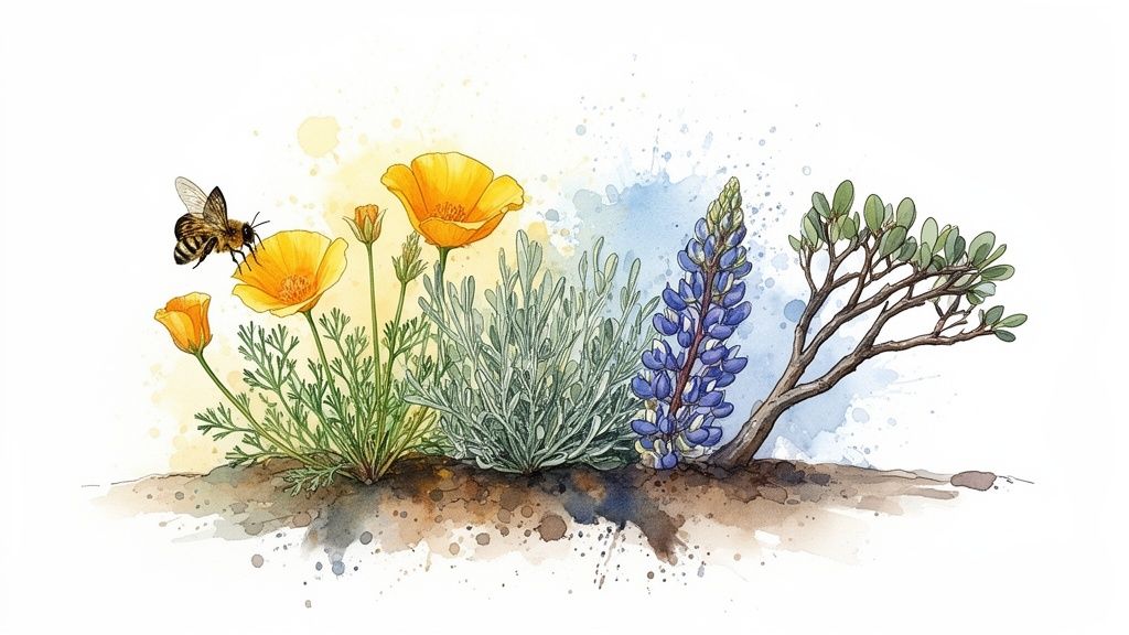 Vibrant watercolor illustration of a bee on yellow poppies, blue lupine, and a green shrub.