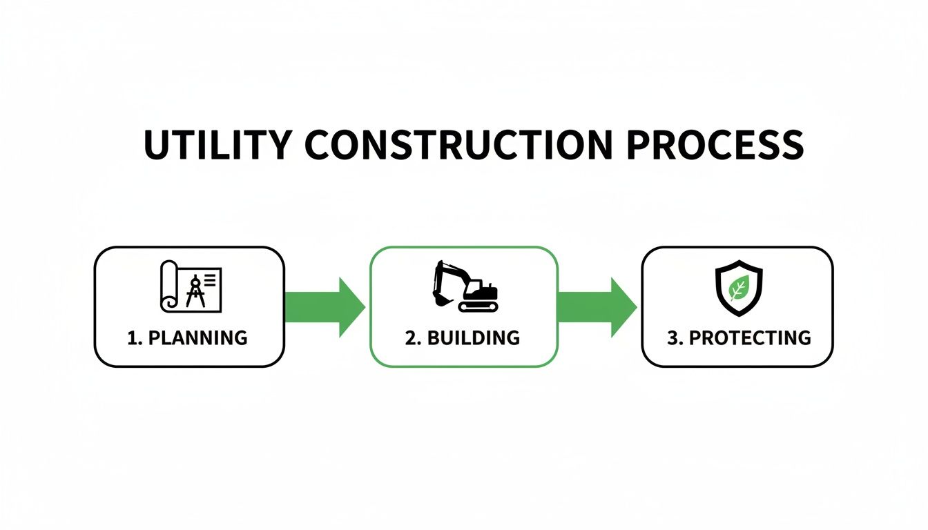 A diagram shows the utility construction process: planning, building with an excavator, and protecting.