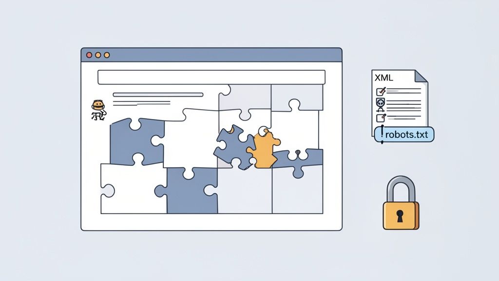 Illustration showing website crawlability issues with a browser puzzle, XML sitemap, robots.txt alert, and padlock.