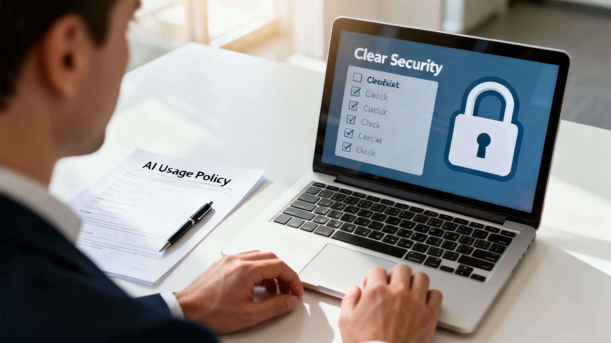 A security lock icon overlaid on a network diagram, symbolizing the protection of data in an AI-driven environment.