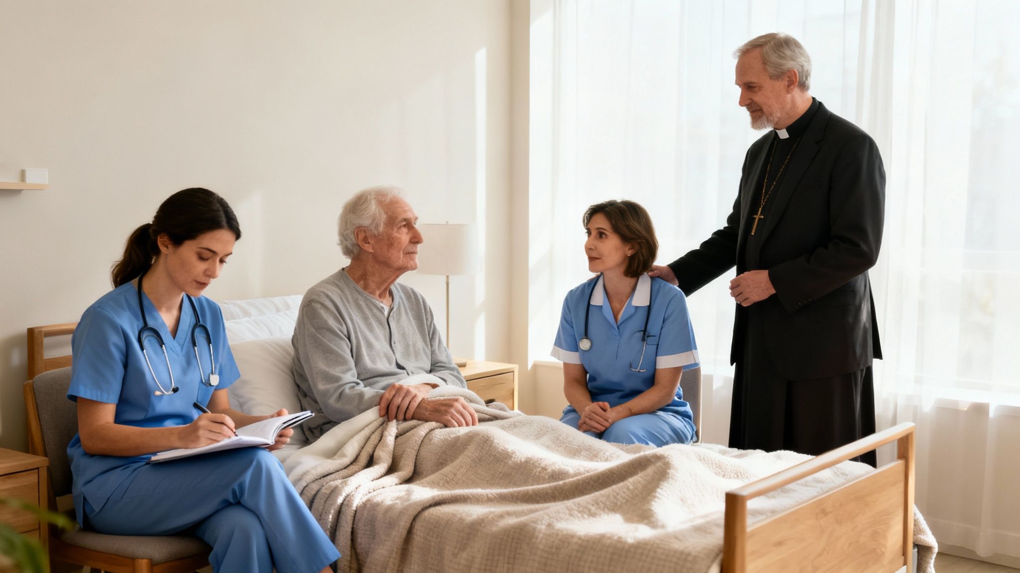 Elderly patient in bed receiving care from two nurses and spiritual support from a priest.