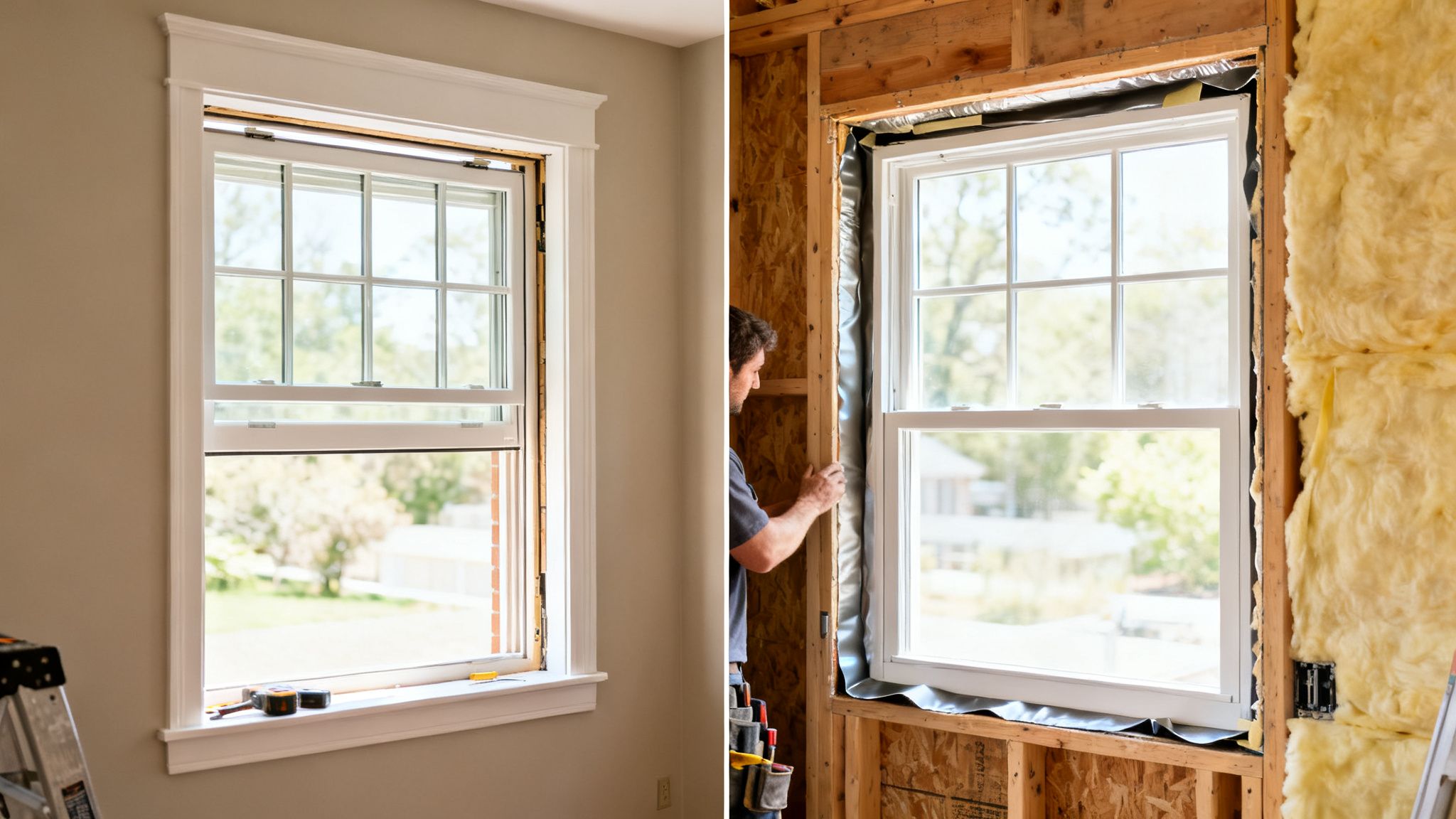Two images show different stages of a window installation project, from framing to finished trim.