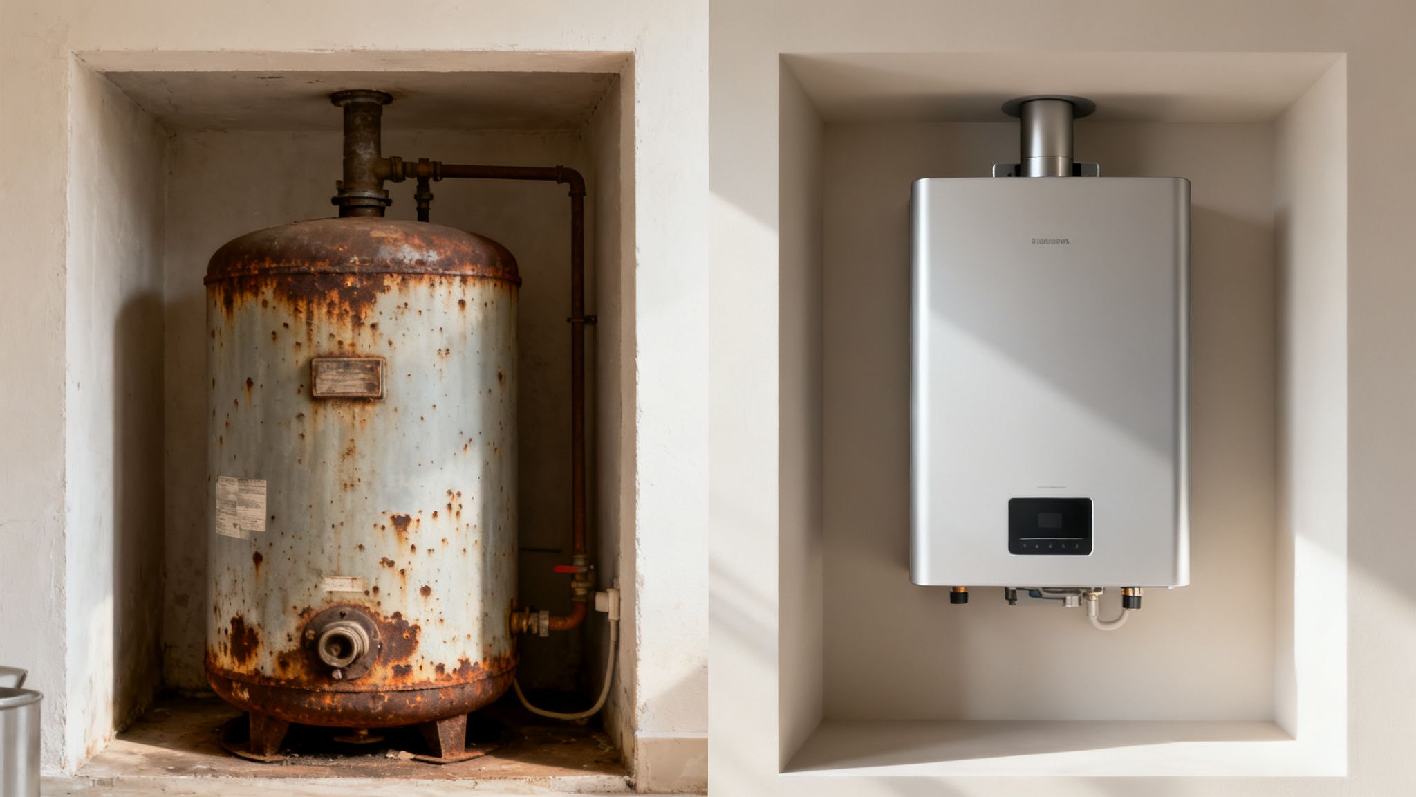 Side-by-side comparison: a rusty old water heater beside a modern, silver tankless unit.