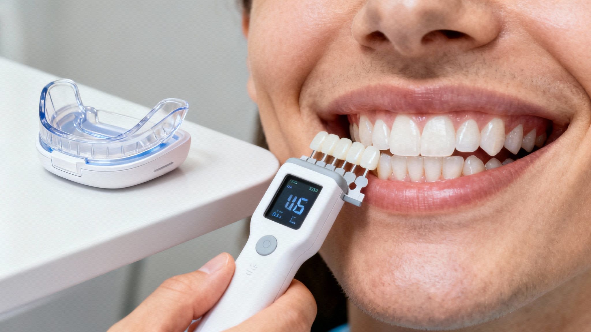 A dental professional uses a digital shade guide to perfectly match a patient's tooth color for cosmetic work.
