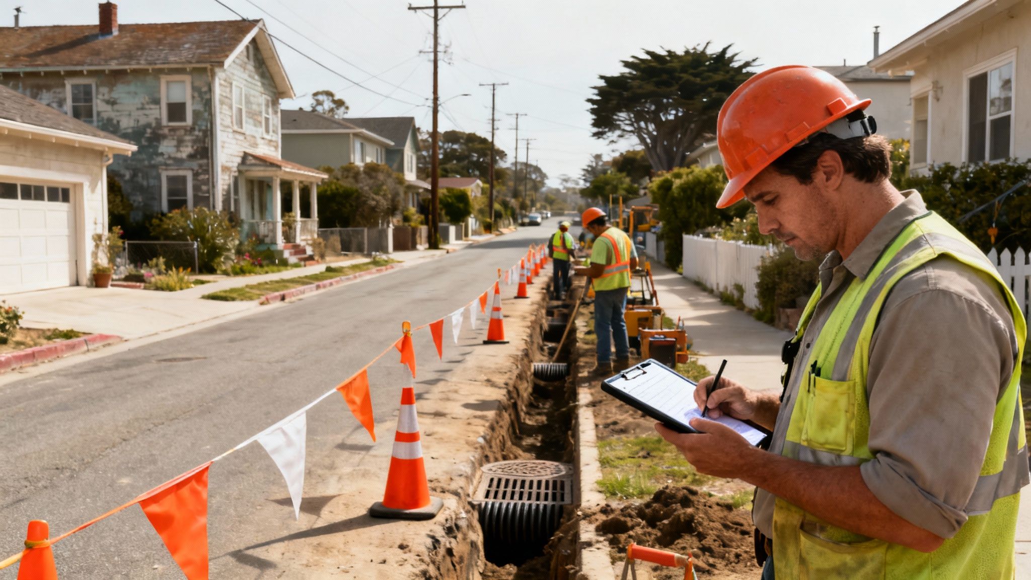 A construction worker in a hard hat and safety vest writes on a clipboard at a sewer upgrade site.