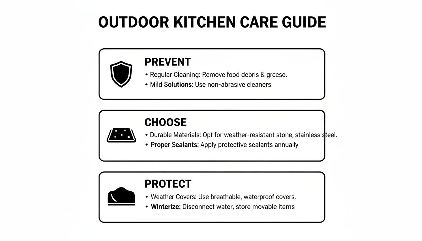 An infographic detailing an outdoor kitchen care guide with tips on prevention, material choice, and protection.