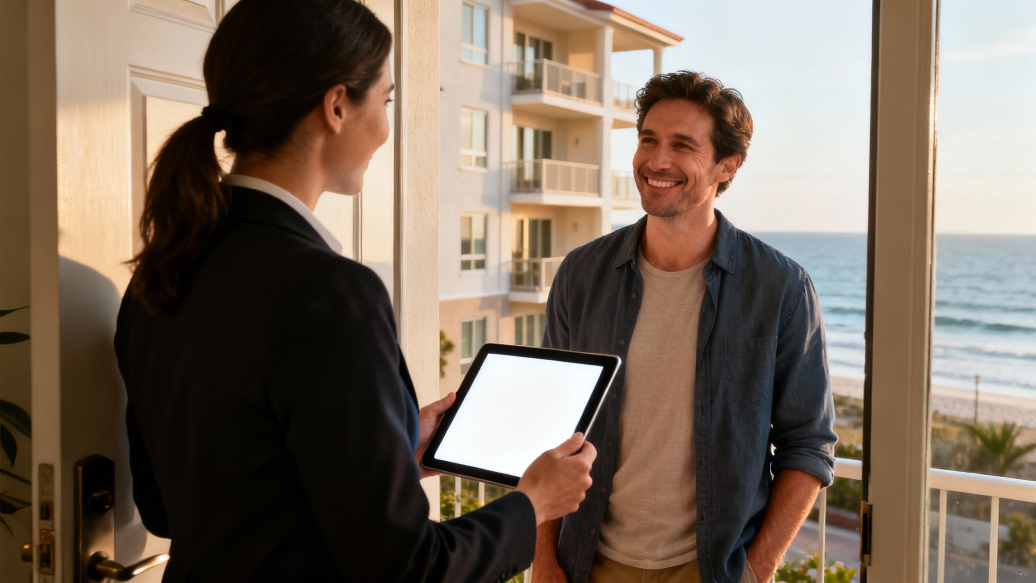 A real estate agent presents information on a tablet to a potential tenant with an ocean view.