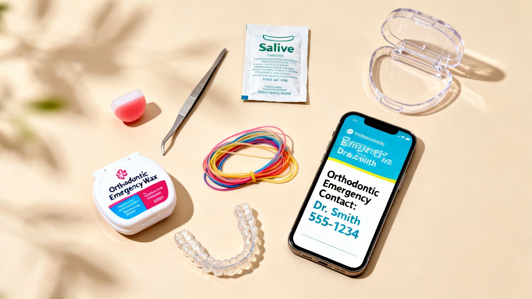 A flat lay of orthodontic emergency supplies including wax, aligners, a phone with contact info, and other dental tools.