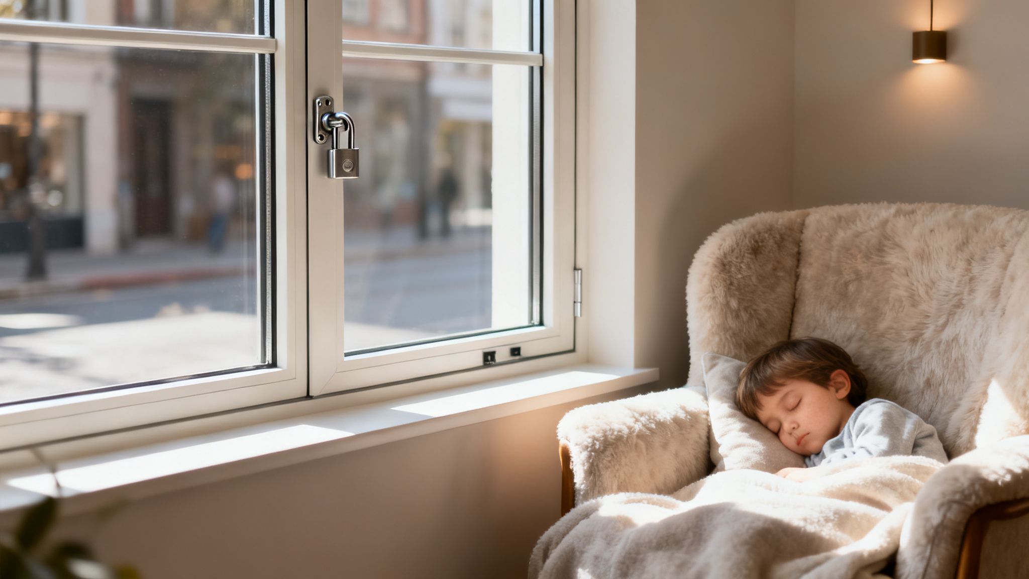 A child sleeps soundly in a cozy armchair by a sunlit window with a visible padlock.