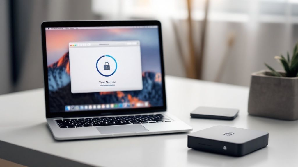 A Mac computer connected to an external hard drive, symbolizing the Time Machine backup process with encryption.