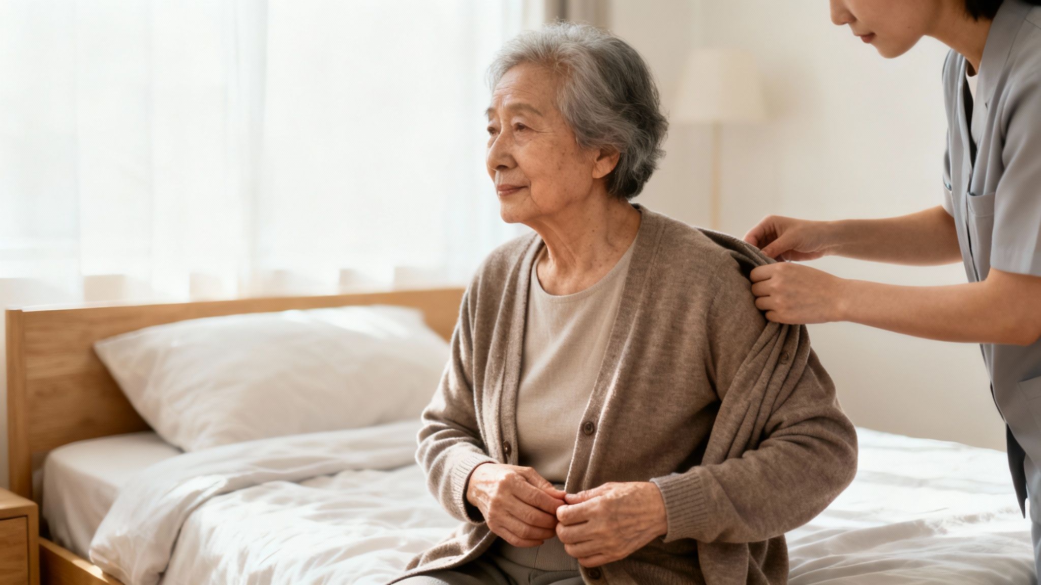 A caregiver assists an elderly Asian woman, sitting on a bed, with putting on her brown cardigan.